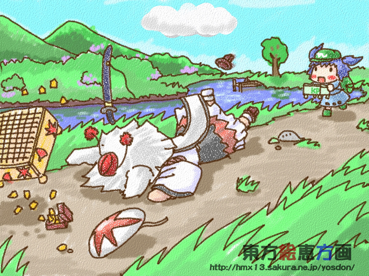 yosudon, inubashiri momiji, kawashiro nitori, touhou, 2girls, female focus, geta, multiple girls, pond, shield, sword, tengu-geta, tripping, weapon