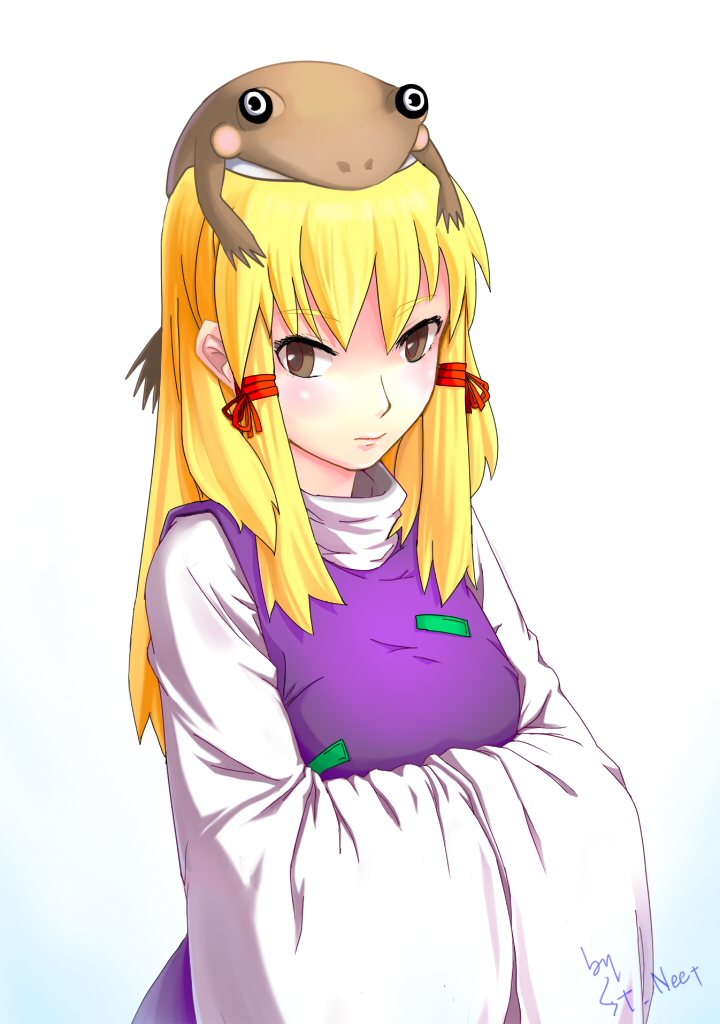 st.neet, moriya suwako, touhou, 1girl, blonde hair, breasts, female focus, frog, gradient background, object on head, short hair, solo