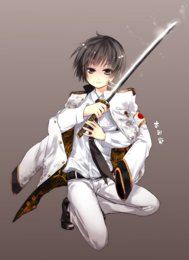 rori (artist), japan (hetalia), axis powers hetalia, bad id, bad pixiv id, 00s, 1boy, armband, black hair, brown eyes, full body, gradient background, japanese clothes, katana, kneeling, male focus, military, military uniform, necktie, safety pin, short hair, solo, sword, weapon