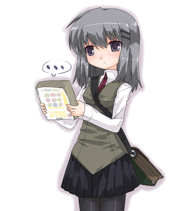 ktsecond, yuzaki tatami, torikoro, silver hair, 1girl, bag, black pantyhose, blue eyes, collared shirt, cowboy shot, female focus, hair ornament, hairclip, handbag, holding, pantyhose, shirt, short hair, simple background, solo, standing, vest, white background