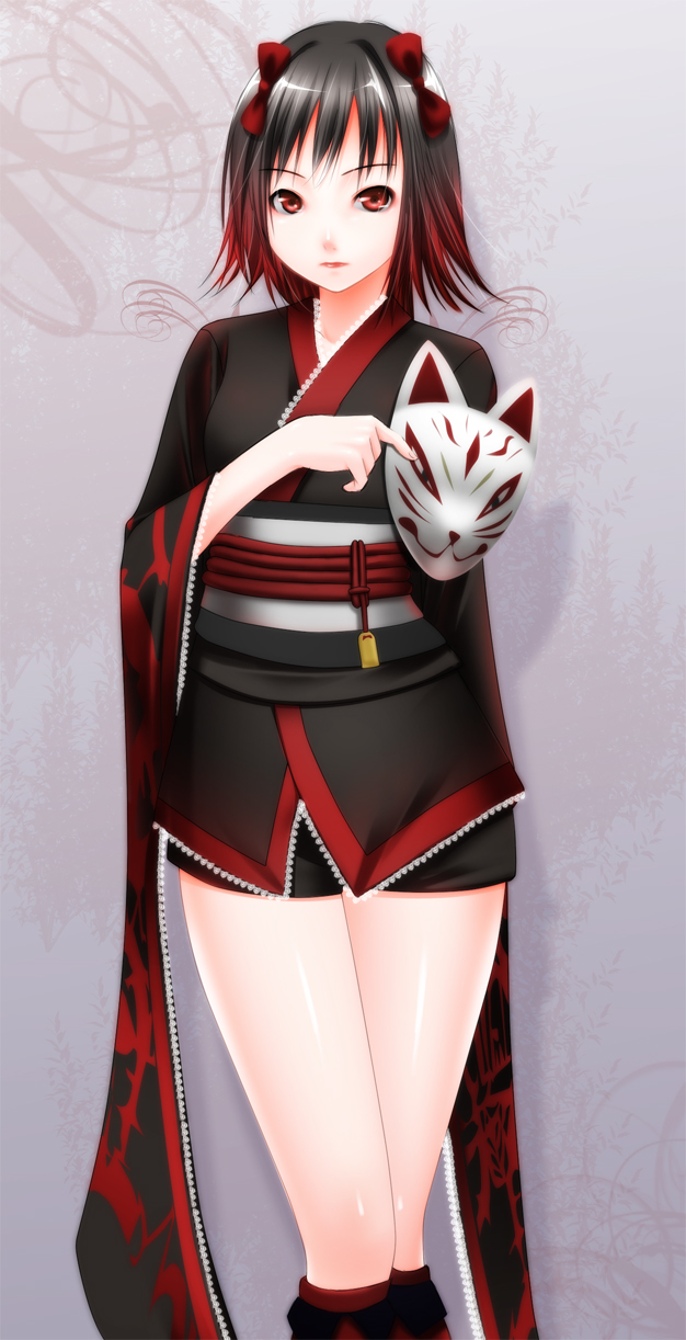 shokuyou mogura, ninon beart, kof: maximum impact, snk, the king of fighters, bad id, bad pixiv id, highres, 1girl, alternate costume, bell, black hair, female focus, fox mask, gradient hair, hair ribbon, japanese clothes, legs, lips, lipstick, makeup, mask, multicolored hair, obi, red eyes, red hair, red lips, ribbon, sash, short hair, shorts, solo