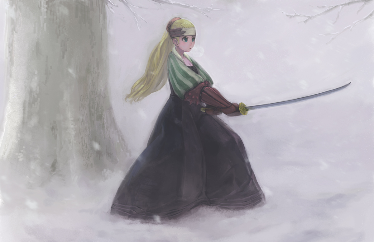 roten, samurai (fft), final fantasy, final fantasy tactics, 1girl, aqua eyes, arm guards, armor, blonde hair, breath, dress, female focus, fighting stance, headband, katana, kendo, long hair, nature, outdoors, ponytail, snow, solo, sword, tree, weapon