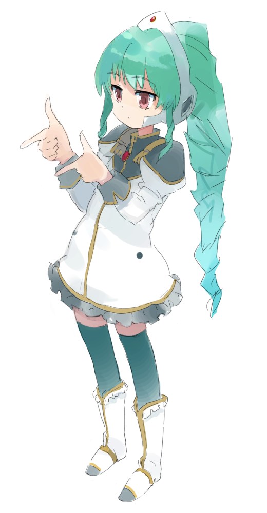 asasow, vanilla h, galaxy angel, bad id, bad pixiv id, 00s, 1girl, aqua hair, boots, child, double finger gun, female focus, finger gun, high ponytail, long hair, ponytail, red eyes, simple background, solo, thighhighs