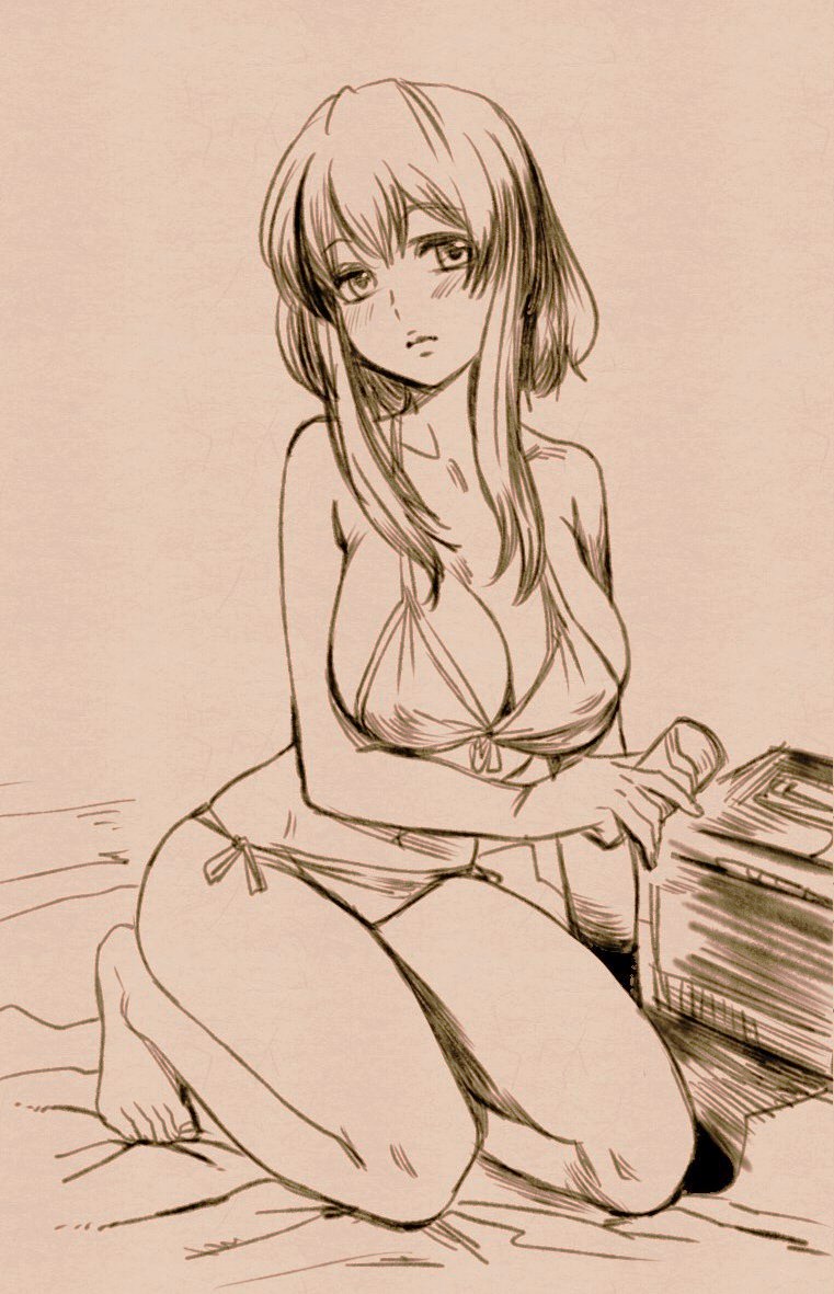 bow (bhp), original, 1girl, barefoot, bikini, blush, breasts, cleavage, female focus, kneeling, large breasts, long hair, monochrome, solo, swimsuit, thighs