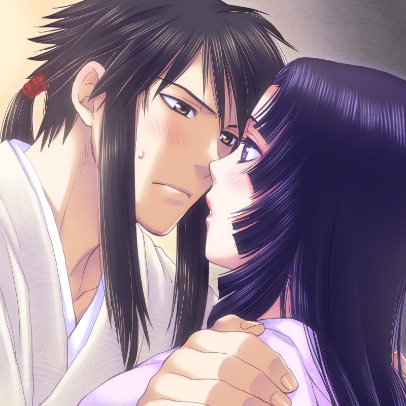 ki (pixiv239687), azai nagamasa (sengoku basara), oichi, oichi (sengoku basara), sengoku basara, 00s, 1boy, 1girl, blush, brown eyes, brown hair, couple, eye contact, hetero, lips, lipstick, long hair, looking at another, makeup, open mouth, ponytail, purple eyes, purple hair, robe, sweat, teeth