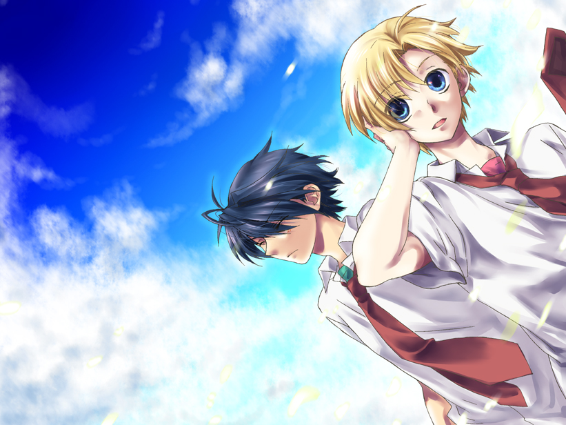ikuhashi muiko, okazaki tomoya, sunohara youhei, clannad, 00s, 2boys, blonde hair, blue eyes, blue hair, dutch angle, gradient background, male focus, multiple boys, necktie, outdoors, school uniform, short hair, sky, upper body