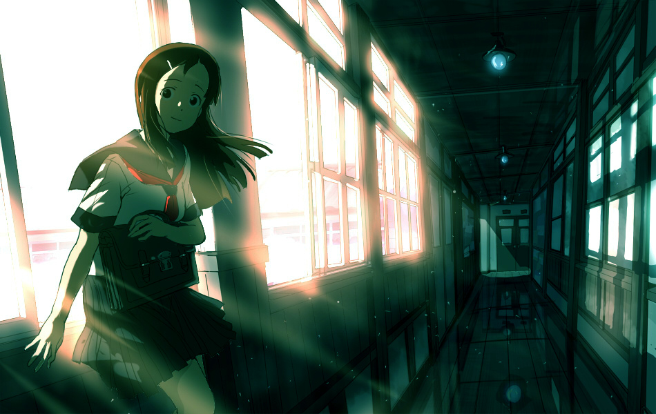 inumaroboya, inumaru (sougen no marogoya), backlighting, bag, dust, forehead, hair ornament, hairclip, hallway, indoors, long hair, reflection, satchel, scenery, school uniform, skirt, smile, solo, sunlight, sunset, wind, window