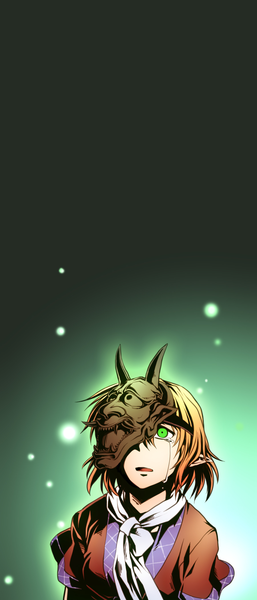 re ghotion, mizuhashi parsee, touhou, bad id, highres, 1girl, blonde hair, female focus, gradient background, green eyes, mask, short hair, solo, tears