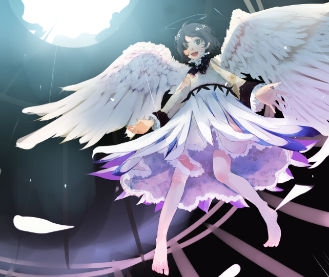 shigureteki, original, bad id, bad pixiv id, angel, angel wings, barefoot, black hair, dress, feathers, feet, halo, mole, short hair, smile, sunlight, wings