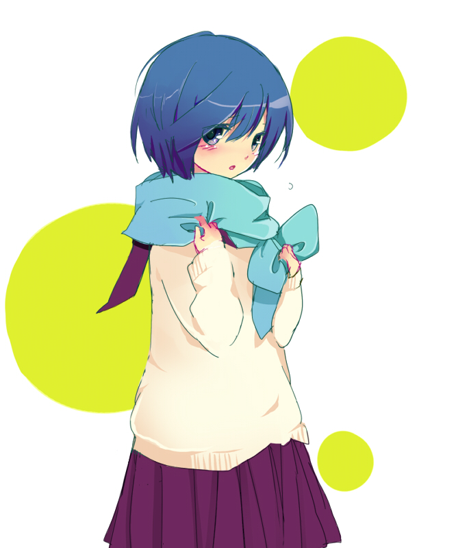 hashimochi, kaiko (vocaloid), kaito (vocaloid), vocaloid, gender request, 1girl, blue hair, blue scarf, blush, female focus, genderswap, scarf, short hair, skirt, solo, sweater