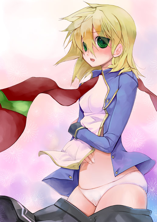 nekoda, nekoda kuro, noel vermillion, arc system works, blazblue, blonde hair, blush, flat chest, green eyes, panties, scarf, skirt, solo, underwear, wardrobe malfunction, white panties