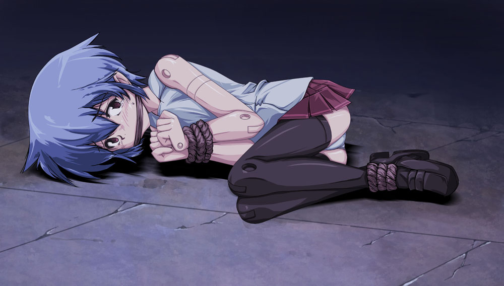 asuima, strarf, busou shinki, 10s, 1girl, bdsm, black thighhighs, blush, bondage, bound, doll joints, female focus, gag, gagged, joints, panties, rope, solo, tears, thighhighs, underwear