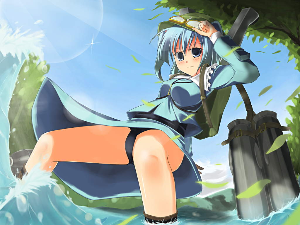 nekomushi, kawashiro nitori, touhou, 1girl, backpack, bag, black panties, blue eyes, blue hair, female focus, goggles, hat, matching hair/eyes, panties, randoseru, sky, solo, two side up, underwear, water