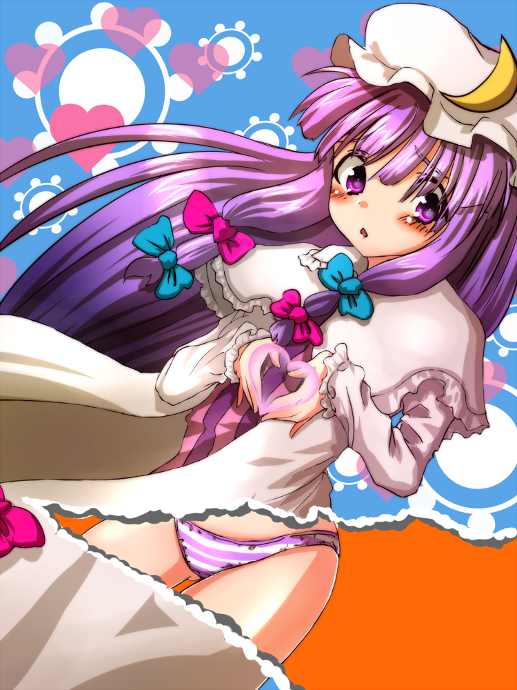 irusu, patchouli knowledge, touhou, duplicate, 1girl, blush, bow, crescent, female focus, hat, heart, heart hands, long hair, moe moe kyun!, panties, pink bow, purple eyes, purple hair, solo, striped clothes, striped panties, underwear