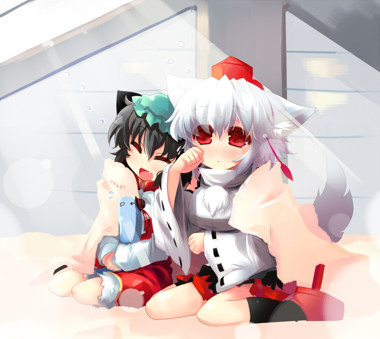 shin (new), chen, inubashiri momiji, nagae iku, touhou, 3girls, blanket, female focus, geta, hat, multiple girls, sleeping, sleepy, tengu-geta, tokin hat