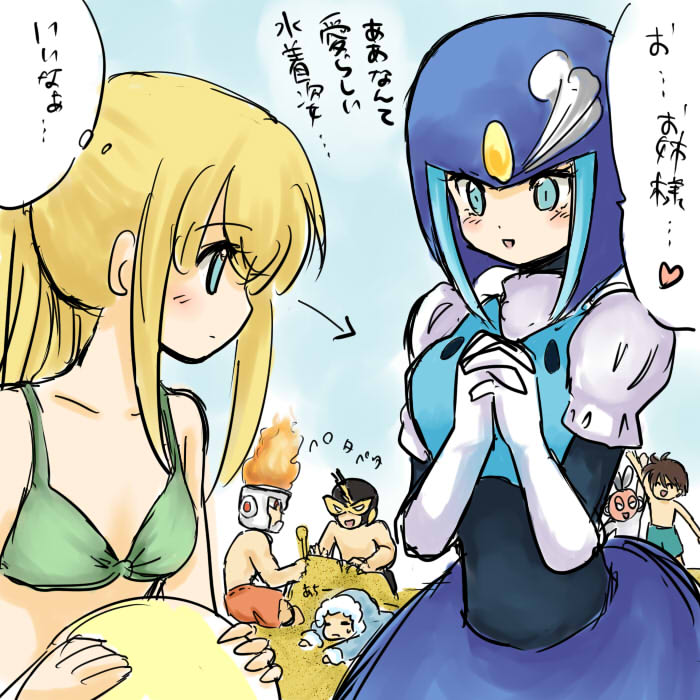 korropan, cut man, elec man, fire man, ice man, mega man (character), roll (mega man), splash woman, capcom, mega man (classic), mega man (series), mega man 1, mega man 9, bad id, bad pixiv id, translated, 2girls, 5boys, arrow (symbol), ball, beach, beachball, bikini, blonde hair, blue eyes, blush, breast envy, breasts, brother and sister, brothers, building sand sculpture, day, dress, elbow gloves, flat chest, gloves, green male swimwear, green swim trunks, heart, helmet, high five, hot, long hair, looking at breasts, male swimwear, mermaid, monster girl, multiple boys, multiple girls, orange male swimwear, orange swim trunks, ponytail, puffy sleeves, sand castle, sand sculpture, siblings, sisters, spoken heart, swim trunks, swimsuit, yuri