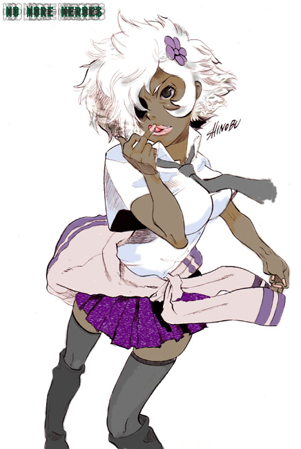 umekiyo, shinobu jacobs, grasshopper manufacture, no more heroes, 1girl, :p, dark-skinned female, dark skin, female focus, flower, ganguro, gyaru, lipstick, makeup, necktie, skirt, solo, thighhighs, tongue, tongue out, white hair
