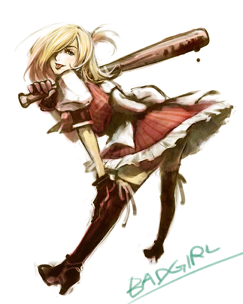 mikeneko ringo, uroko, uroko (mnr), bad girl (no more heroes), grasshopper manufacture, no more heroes, bad id, bad pixiv id, 1girl, :p, baseball bat, blonde hair, blue eyes, boots, female focus, green eyes, long hair, skirt, solo, thighhighs, tongue, tongue out
