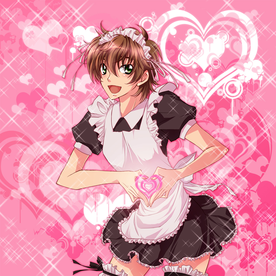 tomoe (pixiv66970), kururugi suzaku, code geass, bad id, bad pixiv id, 1boy, alternate costume, apron, brown hair, crossdressing, crossdressing (mtf), dress, enmaided, frilled thighhighs, frills, green eyes, heart, heart hands, maid, maid apron, maid headdress, male focus, male maid, moe moe kyun!, parody, short hair, solo, sparkle, thighhighs