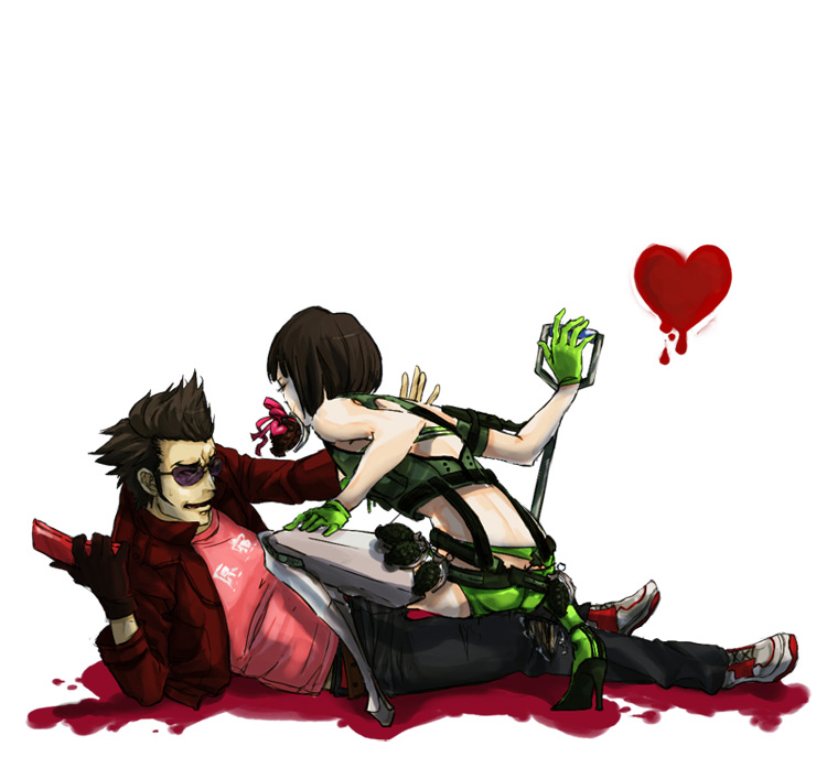 oji kouji, holly summers, travis touchdown, grasshopper manufacture, no more heroes, 1boy, 1girl, amputee, blood, heart, sunglasses
