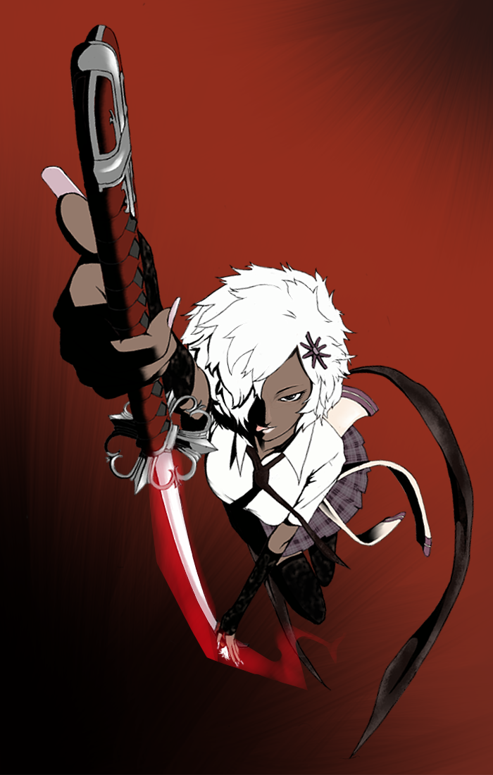 amami kuro, mikurou ama, shinobu jacobs, grasshopper manufacture, no more heroes, bad id, bad pixiv id, 1girl, :p, afro, dark-skinned female, dark skin, female focus, fingernails, flower, from above, ganguro, gyaru, katana, lipstick, long fingernails, makeup, nail polish, perspective, scarf, skirt, solo, sword, tongue, tongue out, weapon, white hair