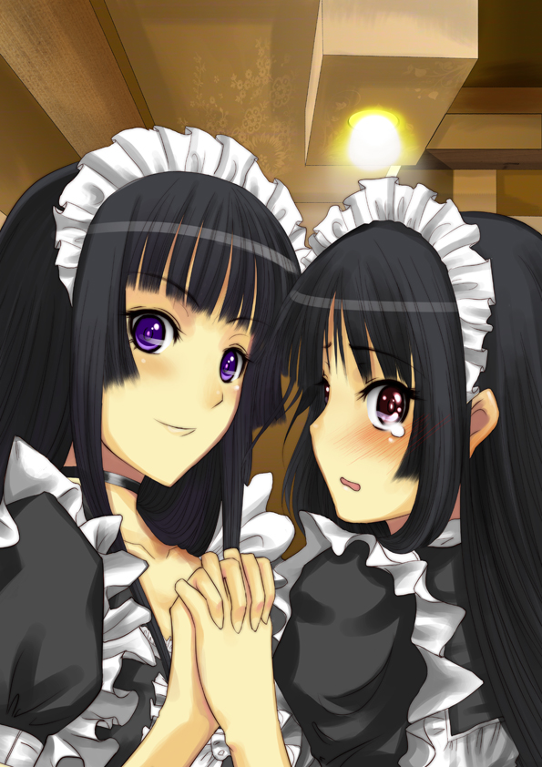maisaki, akiyama mio, isayama yomi, isoyama izumi, ga-rei, ga-rei zero, k-on!, 00s, 2girls, alternate costume, black hair, blunt bangs, blush, choker, crossover, enmaided, hime cut, holding hands, long hair, look-alike, maid, maid headdress, multiple girls, purple eyes, red eyes, tears