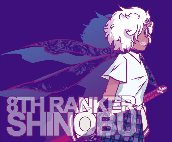 calvet, shinobu jacobs, grasshopper manufacture, no more heroes, 1girl, blue skirt, dark-skinned female, dark skin, female focus, flower, ganguro, gyaru, katana, lips, lipstick, looking at viewer, makeup, necktie, plaid clothes, plaid skirt, sheath, sheathed, short hair, skirt, solo, standing, sword, weapon, white hair, zoom layer