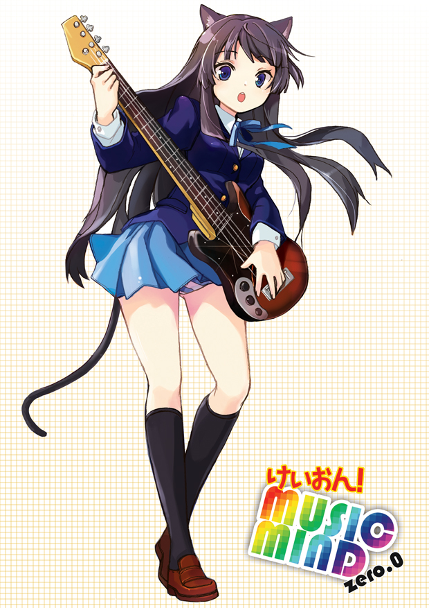 jin young-in, akiyama mio, k-on!, bad id, bad pixiv id, 00s, 1girl, animal ears, bass guitar, black hair, black socks, blue eyes, cat ears, cat girl, cat tail, female focus, full body, guitar, instrument, kneehighs, legs, loafers, long hair, school uniform, shoes, socks, solo, tail