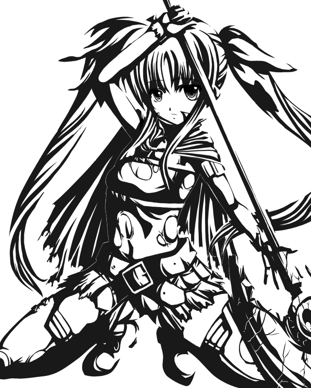 gao (naodayo), bardiche (axe form) (nanoha), bardiche (nanoha), fate testarossa, fate testarossa (movie 1st form), lyrical nanoha, mahou shoujo lyrical nanoha, 00s, 1girl, breasts, cleavage, female focus, gao, greyscale, hair ribbon, medium breasts, monochrome, ribbon, skirt, solo, thighhighs, twintails, zettai ryouiki