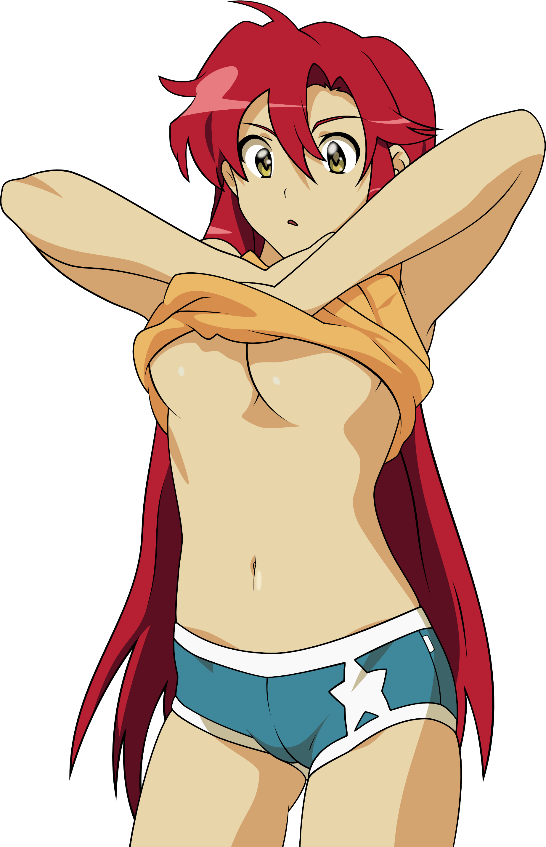 yoko littner, pieces of sweet stars, tengen toppa gurren lagann, absurdres, derivative work, highres, vector trace, 00s, 1girl, blue panties, boyshort panties, breasts, cleavage, clothes lift, female focus, midriff, navel, panties, print panties, shirt lift, shorts, solo, star panties, star print, transparent background, underboob, underwear
