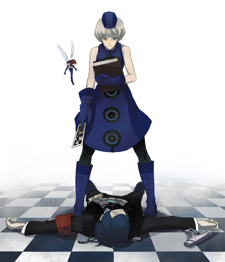 nakatani, elizabeth (persona), pixie (megami tensei), yuuki makoto (persona 3), atlus, persona, persona 3, spoilers, 1boy, 2girls, armband, bare shoulders, blue hair, book, card, checkered background, defeat, digital media player, digital walkman, evoker, femdom, gun, hat, headphones, holding, holding card, lying, multiple girls, on back, pantyhose, sleeveless, walkman nw-s203f, weapon