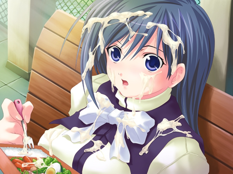 character request, copyright request, game cg, 1girl, blue eyes, blue hair, bukkake, cum, cum on body, cum on food, cum on hair, facial, female focus, food, fork, looking at viewer, matching hair/eyes, rice, sausage, solo, surprised