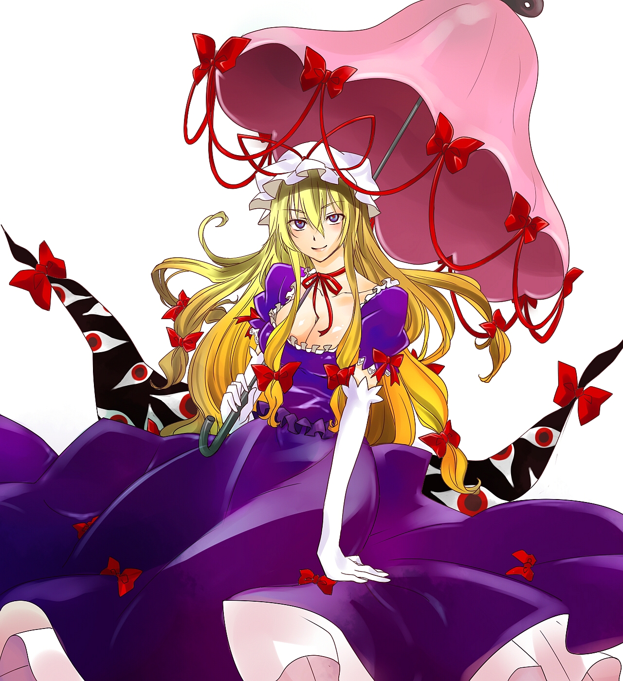 seitaka, yakumo yukari, touhou, highres, 1girl, blonde hair, bow, breasts, cleavage, elbow gloves, female focus, gap (touhou), gloves, hair bow, large breasts, long hair, multiple hair bows, purple eyes, solo, umbrella, white gloves