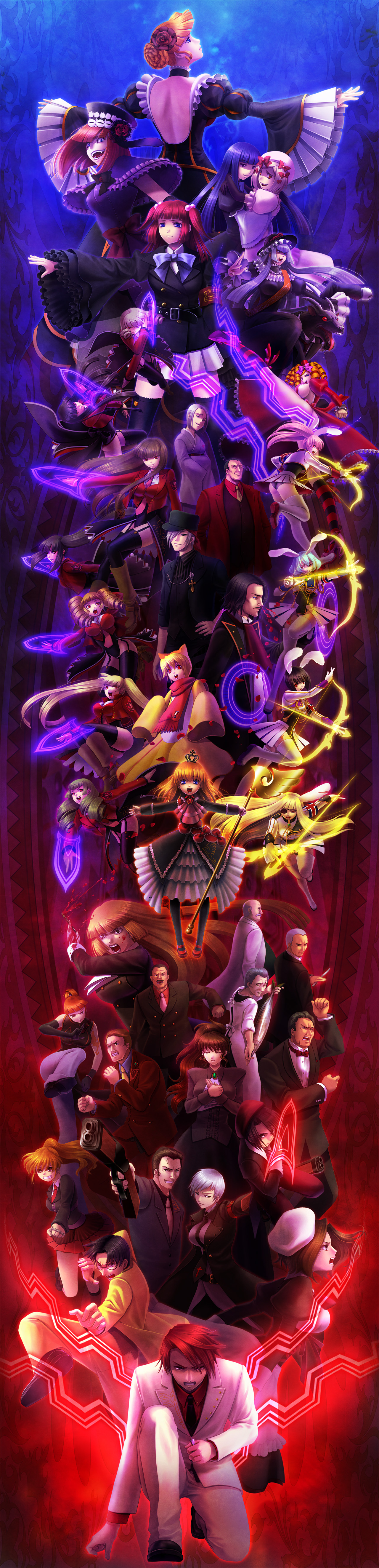 nomo (16 16), amakusa juuza, asmodeus (umineko), beatrice (umineko), beelzebub (umineko), chiester00, chiester410, chiester45, chiester556, chiester sisters, eva beatrice, frederica bernkastel, gaap (umineko), goatman (umineko), gouda toshirou, kanon (umineko), kumasawa chiyo, lambdadelta, lucifer (umineko), mammon (umineko), maria (umineko), nanjou terumasa, okonogi tetsurou, ronoue genji, ronove (umineko), sakutarou (umineko), satan (umineko), shannon (umineko), stakes of purgatory, sumadera kasumi, ushiromiya ange, ushiromiya battler, ushiromiya george, ushiromiya hideyoshi, ushiromiya jessica, ushiromiya krauss, ushiromiya kyrie, ushiromiya natsuhi, ushiromiya rosa, ushiromiya rudolf, virgilia (umineko), 07th expansion, no naku koro ni (series), umineko no naku koro ni, silver hair, absurdres, bad id, bad pixiv id, highres, long image, tall image, 00s, 6+boys, 6+girls, absolutely everyone, armband, belt, black eyes, black hair, black thighhighs, blonde hair, blue eyes, blue hair, boots, bow, brass knuckles, breasts, brown hair, choker, closed eyes, dress, drill hair, everyone, flower, formal clothes, frills, green hair, gun, hair bobbles, hair ornament, hat, hug, jacket, japanese clothes, kimono, large breasts, long hair, medium breasts, mini hat, mini top hat, multiple boys, multiple girls, necktie, orange hair, pink hair, pleated skirt, red eyes, red hair, ribbon, scarf, showgirl skirt, side ponytail, sideboob, skirt, suit, thighhighs, top hat, weapon