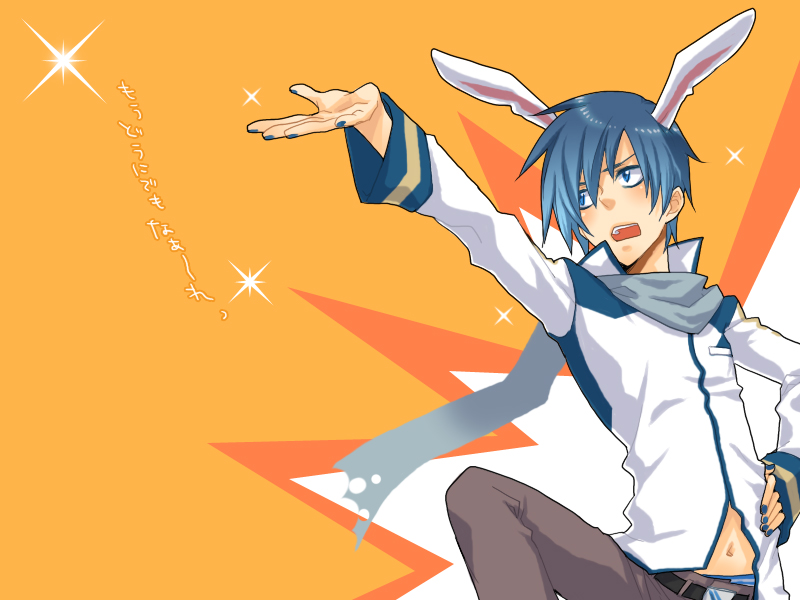 bitte, kaito (vocaloid), vocaloid, bad id, bad pixiv id, 1boy, animal ears, blue eyes, blue hair, male focus, matching hair/eyes, nail polish, rabbit ears, scarf, solo