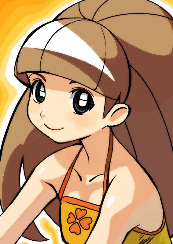 shimotsuki eight, meganeko (battle spirits), otonashi fumiko, battle spirits, battle spirits: shounen toppa bashin, light brown hair, bad id, bad pixiv id, 00s, 1girl, bare shoulders, bikini, black eyes, blunt bangs, blush, breasts, brown hair, camisole, female focus, flat chest, from side, gradient background, grey eyes, heart, light smile, long hair, looking at viewer, orange background, orange bikini, outline, print bikini, profile, small breasts, smile, solo, swimsuit, tankini, upper body