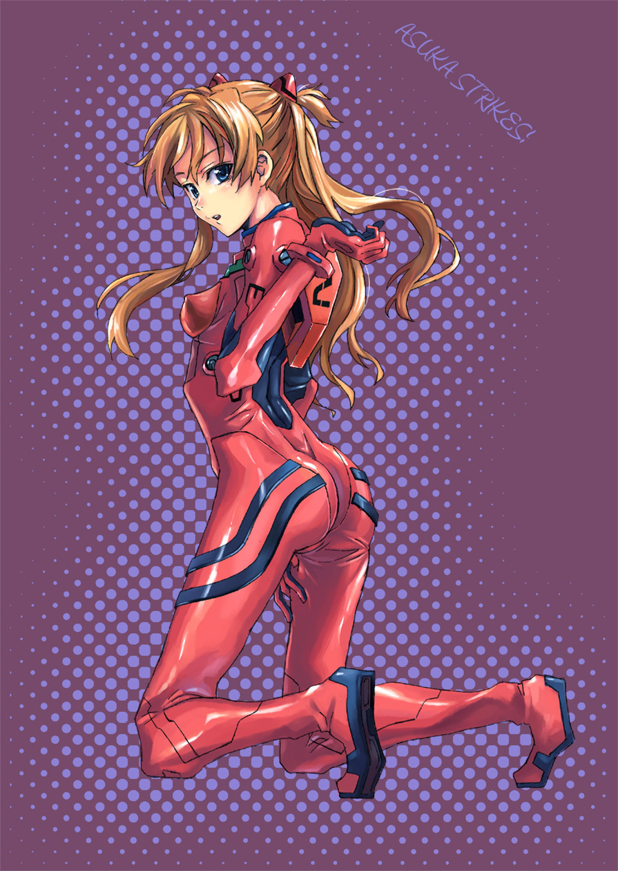kno1, souryuu asuka langley, neon genesis evangelion, bad id, bad pixiv id, highres, arched back, ass, blue background, blue eyes, blush, bracer, brown hair, character name, english text, from side, full body, halftone, hand on own thigh, kneeling, kneepits, legs apart, long hair, looking back, mecha pilot suit, plugsuit (evangelion), skin tight, solo, two side up