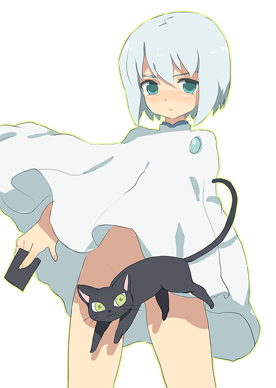 dadami, juri sawaragi, okyou (battle spirits), battle spirits, battle spirits: shounen toppa bashin, silver hair, bad id, bad pixiv id, 00s, 1boy, :3, androgynous, aqua eyes, black cat, blush, bottomless, card, cat, censored, cloak, convenient censoring, embarrassed, fingernails, holding, holding card, jumping, loli, long fingernails, male focus, shadow, short hair, simple background, solo, standing, trap, wind, wind lift, yellow eyes, yonic symbol