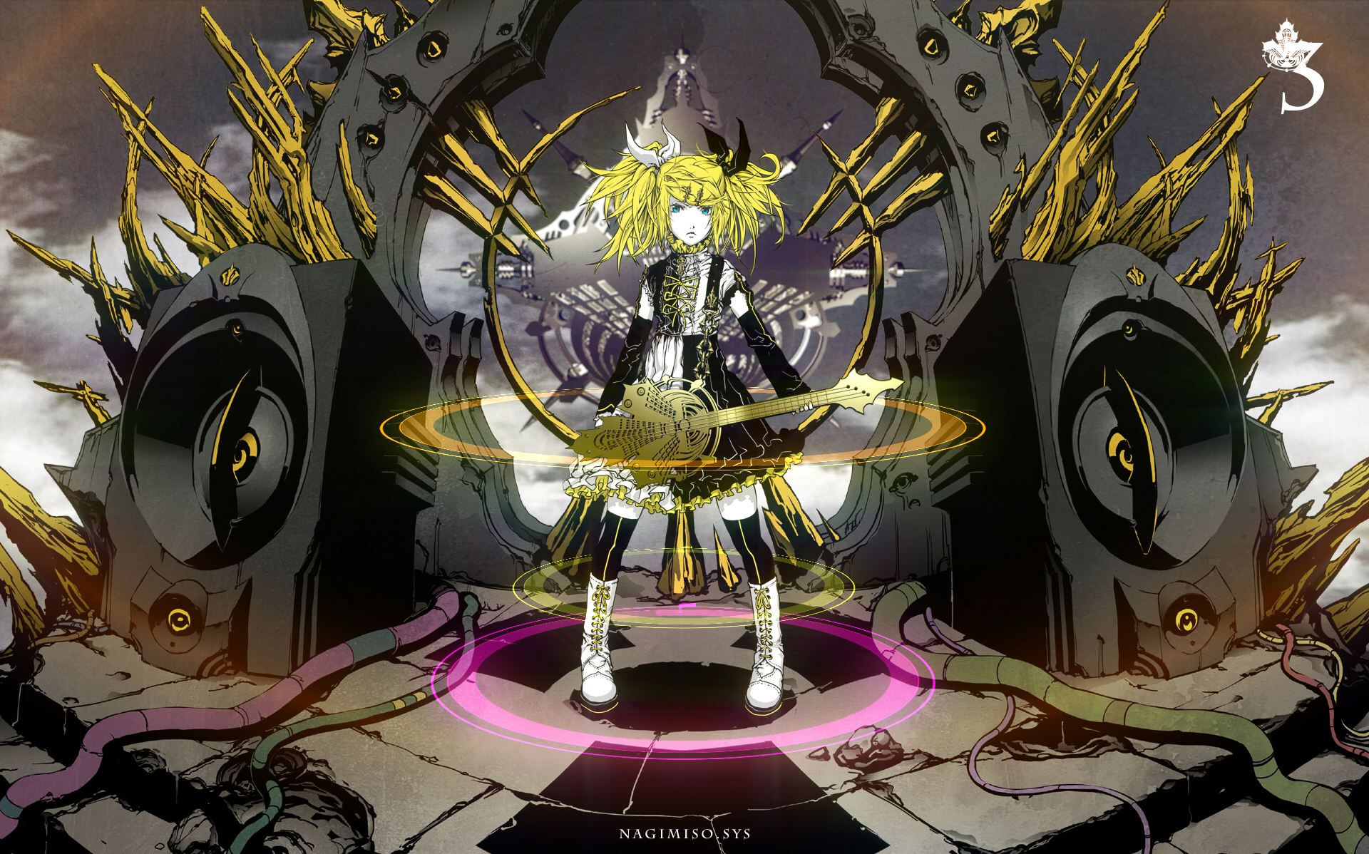 nagimiso, kagamine rin, kagamine rin (reactor), roshin yuukai (vocaloid), vocaloid, highres, 1girl, alternate costume, alternate hairstyle, angry, bass guitar, black bow, black thighhighs, blonde hair, blue eyes, blurry, boots, bow, breasts, closed mouth, depth of field, detached sleeves, dress, female focus, flat chest, frilled dress, frills, gold trim, gothic lolita, guitar, hair ornament, hair ribbon, hairclip, instrument, knee boots, loli, lolita fashion, looking at viewer, medium hair, nail polish, plectrum, ribbon, small breasts, solo, striped clothes, striped thighhighs, swept bangs, thighhighs, twintails, two-tone dress, v-shaped eyebrows, vertical-striped clothes, vertical-striped thighhighs, white bow, yellow nails, zettai ryouiki