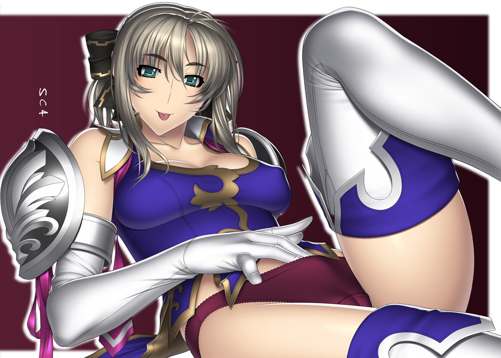 kansuke, cassandra alexandra, soul calibur, soulcalibur, soulcalibur iv, 1girl, :p, aqua eyes, bare shoulders, blonde hair, blush, boots, bow, breasts, brown hair, cameltoe, covered erect nipples, elbow gloves, female focus, female masturbation, gloves, green eyes, hair bow, hand in panties, large breasts, leotard, masturbation, panties, ponytail, ribbon, shoulder pads, solo, thigh boots, thighhighs, tongue, tongue out, underwear