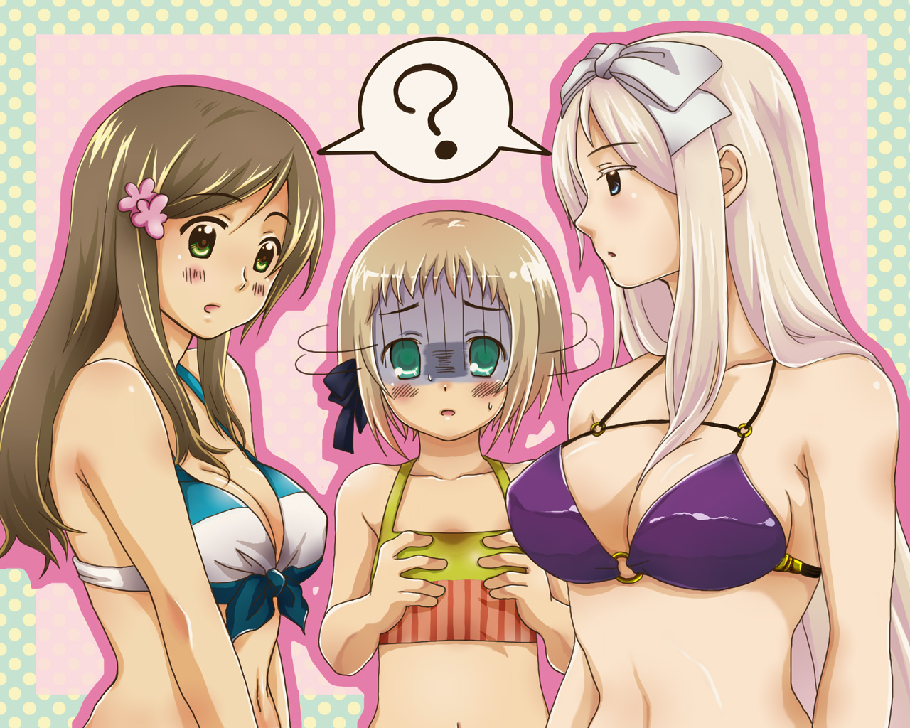 akemi18, akemi (akemi18), belarus (hetalia), hungary (hetalia), liechtenstein (hetalia), axis powers hetalia, bad id, bad pixiv id, 00s, 3girls, ?, bikini, bikini top only, blonde hair, blush, breast envy, breasts, brown hair, cleavage, flat chest, flower, hair flower, hair ornament, hair ribbon, large breasts, long hair, multiple girls, ribbon, short hair, swimsuit