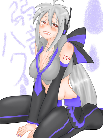 siroringo, yowane haku, vocaloid, silver hair, bad id, bad pixiv id, 1girl, blush, breasts, cleavage, detached sleeves, female focus, kneeling, large breasts, long hair, ponytail, sad, solo, tears