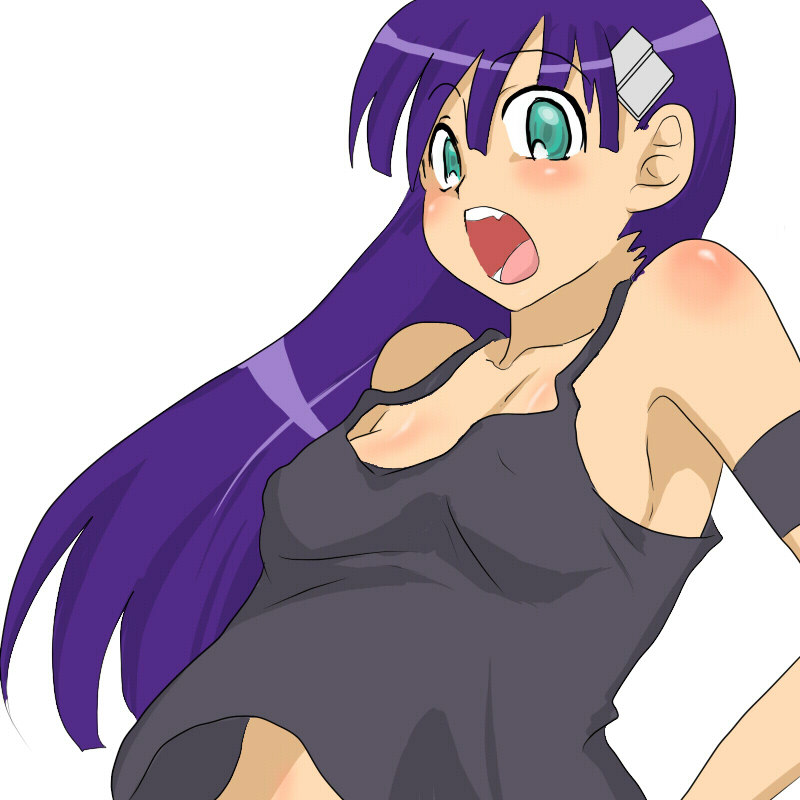 siroringo, kiyal bachika, tengen toppa gurren lagann, bad id, bad pixiv id, 00s, 1girl, aqua eyes, armband, armpits, bare shoulders, blush, breasts, fang, female focus, green eyes, hair ornament, long hair, open mouth, purple hair, sideboob, small breasts, solo, tank top