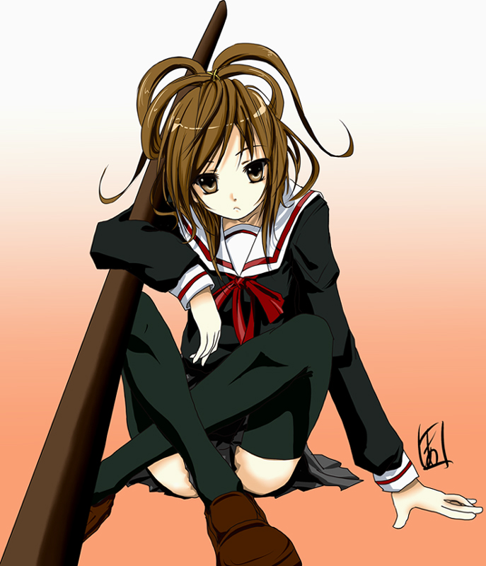 akio (akio 1963), akio (zero hour), original, bad id, bad pixiv id, 1girl, :<, black thighhighs, bokken, brown eyes, brown hair, crossed legs, female focus, gradient background, hair up, indian style, school uniform, serafuku, sitting, skirt, solo, sword, thighhighs, weapon, wooden sword