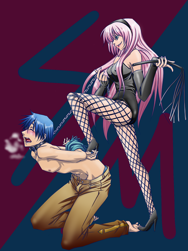 hikari (zanxnen), koorikari, kaito (vocaloid), megurine luka, vocaloid, bad id, bad pixiv id, 1boy, 1girl, barefoot, bdsm, blue hair, blush, breasts, chain, collar, covered erect nipples, dominatrix, elbow gloves, femdom, fingerless gloves, fishnet pantyhose, fishnets, gloves, green eyes, hetero, high heels, kneeling, leather, lipstick, long hair, makeup, masochism, medium breasts, nail polish, pantyhose, pink hair, rape, shoes, smile, topless female, undressing, unzipped, whip