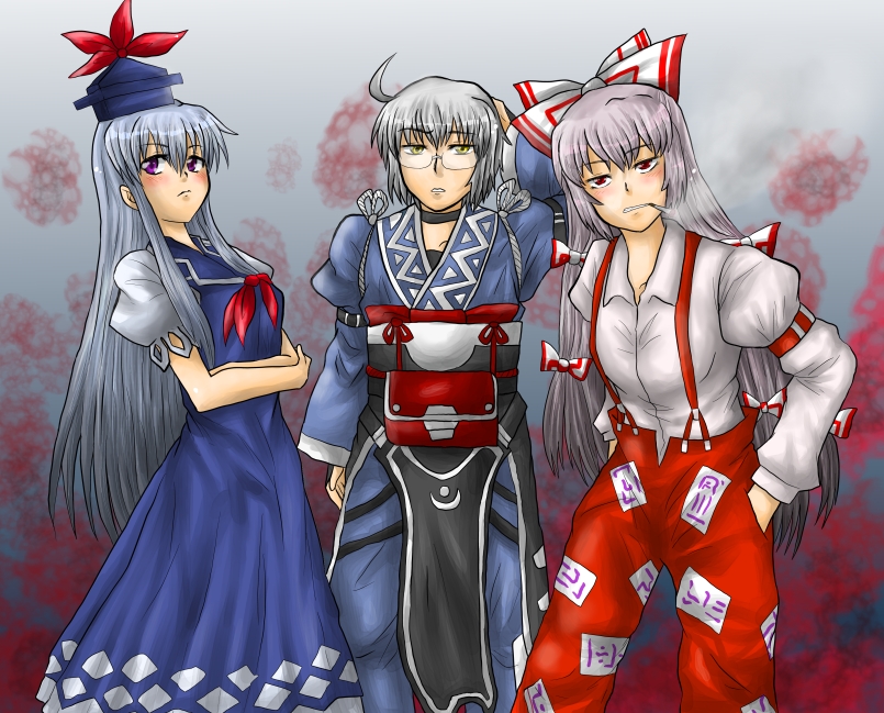enokuma uuta, fujiwara no mokou, kamishirasawa keine, morichika rinnosuke, touhou, silver hair, 1boy, 2girls, blue hair, bow, cigarette, dress, glasses, gradient background, hair ribbon, hat, long hair, multiple girls, purple eyes, red eyes, ribbon, short hair, smoking, suspenders, yellow eyes