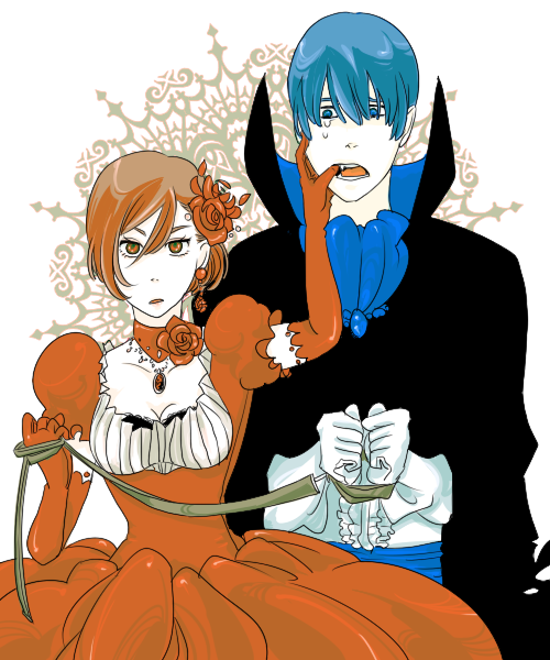harada, kaito (vocaloid), meiko (vocaloid), vocaloid, yami no ou (vocaloid), bad id, bad pixiv id, 1boy, 1girl, bdsm, blue eyes, blue hair, bondage, bound, bound wrists, breasts, brown eyes, brown hair, cape, cleavage, dress, elbow gloves, fangs, femdom, flower, gloves, red dress, rose, short hair, sweat, tears, vampire