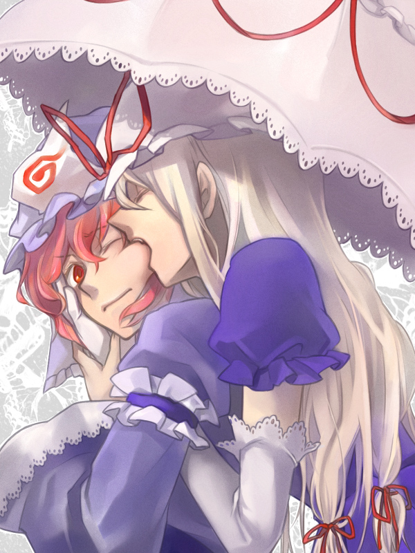 nakatani, saigyouji yuyuko, yakumo yukari, touhou, 2girls, biting, blonde hair, closed eyes, couple, elbow gloves, female focus, gloves, hat, long hair, multiple girls, one eye closed, pink hair, red eyes, shared umbrella, short hair, umbrella, wince, wink, yuri