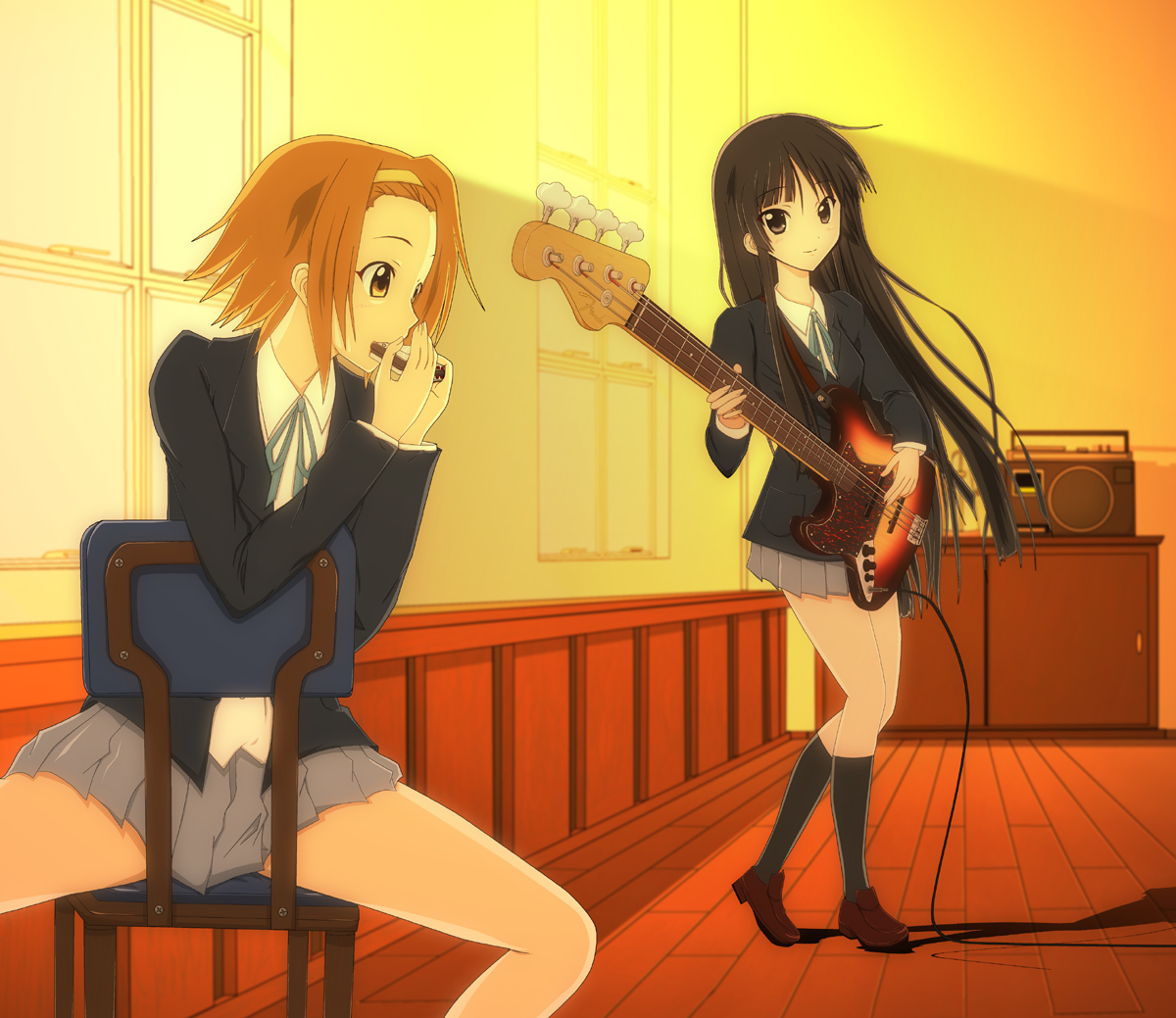 su-35 (artist), akiyama mio, tainaka ritsu, k-on!, 00s, 2girls, bass guitar, black eyes, black hair, brown eyes, brown hair, chair, guitar, hairband, harmonica, instrument, long hair, multiple girls, radio, school uniform, short hair, spread legs, tomboy