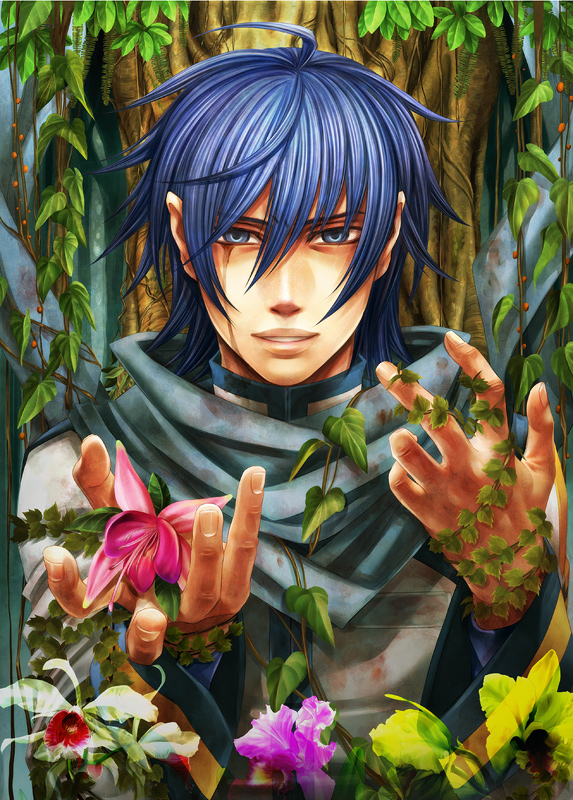 ujuju, uniuni, kaito (vocaloid), vocaloid, 1boy, blue eyes, blue hair, flower, green flower, male focus, matching hair/eyes, scarf, solo